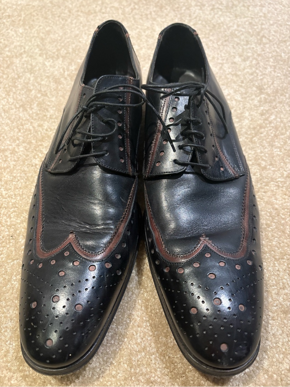 Officine Creative Black Leather Wingtip Oxfords with Brown Trim
